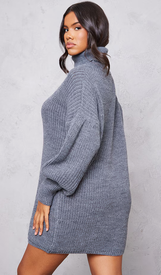 Charcoal Grey Chunky Knit Roll Neck Jumper Dress