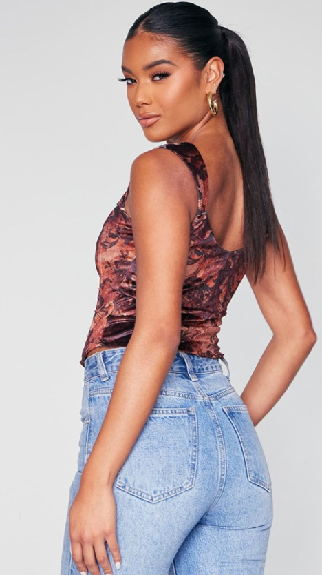 Rust Printed Velvet Square Boned Corset