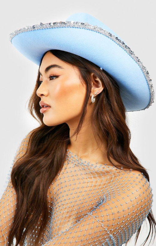 Blue Sequin Western Cowboy Hat - blue