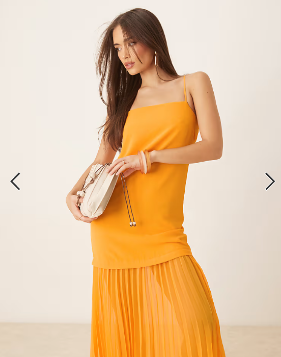 ASOS DESIGN dropped waist pleated skirt cami midi dress in orange