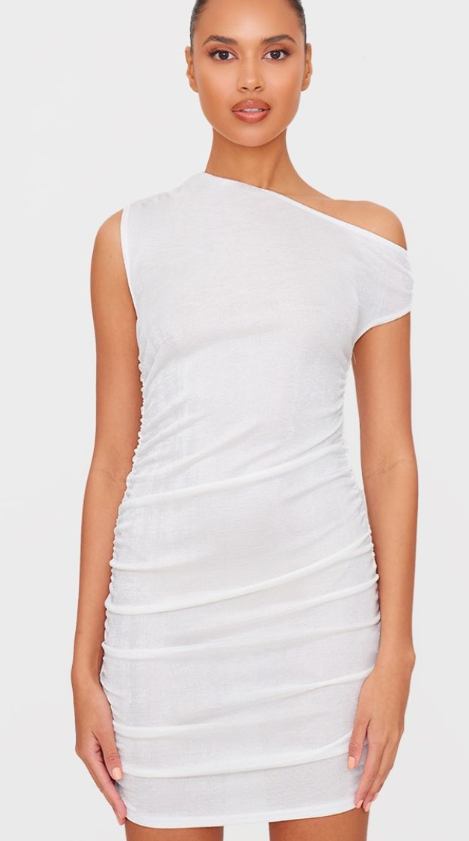 Cream Slinky Acetate Ruched One Shoulder Mini Dress