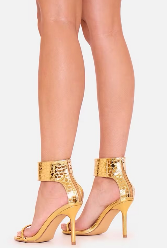 Ego - In-Awe Thick Ankle Strap Stiletto Heel In Gold Metallic Croc Print Faux Leather