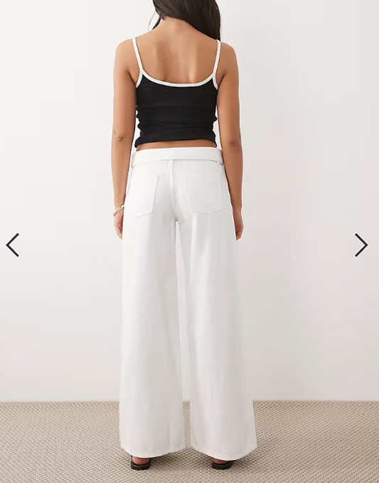 Mango Teen wide leg jeans with fold over detail in white