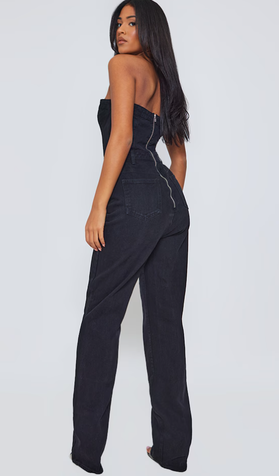 Tall Black Bandeau Denim Straight Leg Jumpsuit