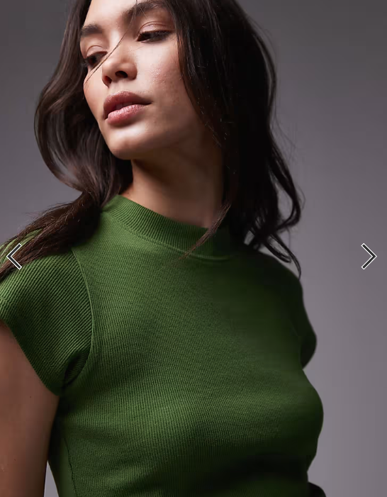 Topshop rib fitted curve hem tee in olive green