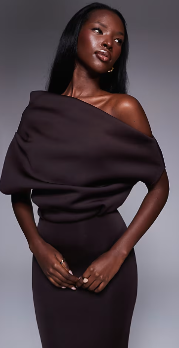 ASOS DESIGN dramatic neckline midi dress in chocolate scuba-style fabric