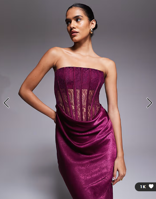 ASOS DESIGN lace corset detail maxi dress with satin draped skirt in mulberry