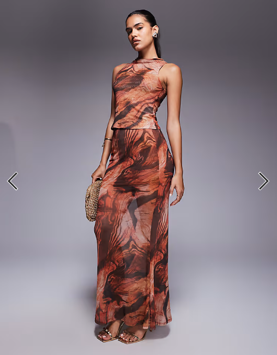 ASOS DESIGN mix & match sheer mesh high cowl neck tank top in orange abstract print