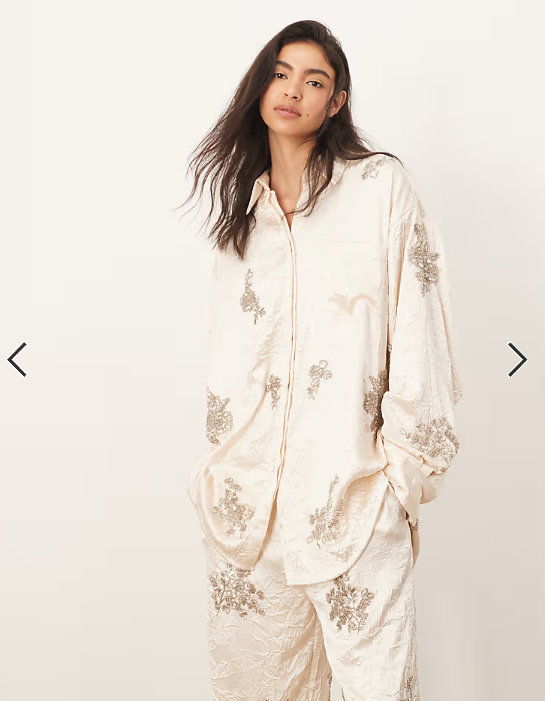 ARRANGE crinkle satin floral embellished shirt co-ord in cream