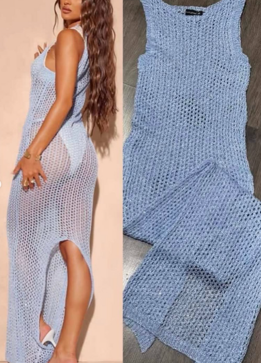 Plt - blue sequin knit racer neck maxi dress