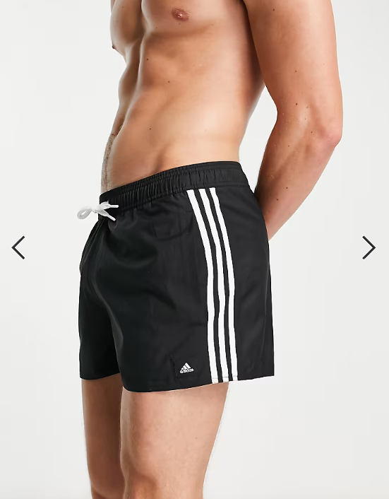 adidas Swim 3 stripes swim shorts in black and white