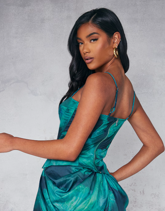 Teal Floral Print Structured Corset Top