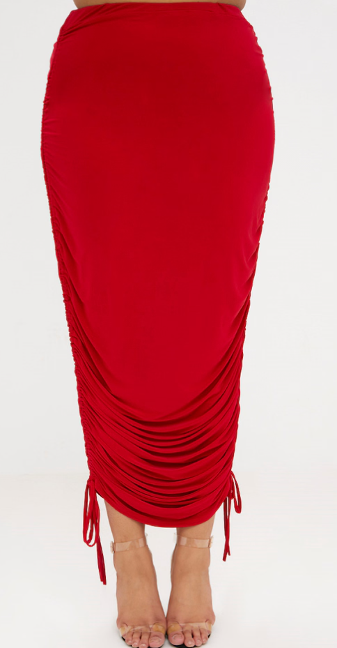 Red Ruched Tie Side Slinky Midaxi Skirt