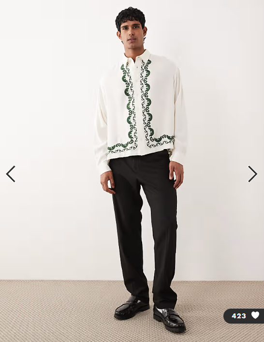 ASOS DESIGN boxy oversized shirt with border embroidery in beige