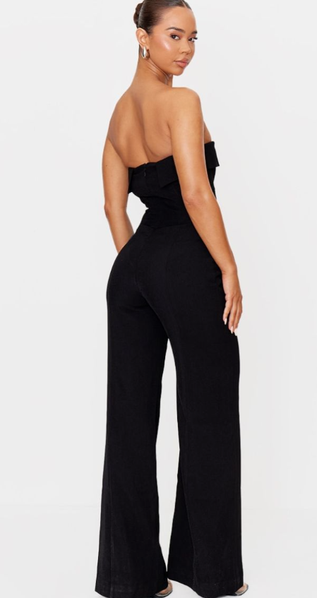 Premium Black Woven Bandeau Corset Straight Leg Jumpsuit