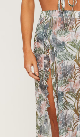 Pale khaki leafy frill split maxi beach skirt