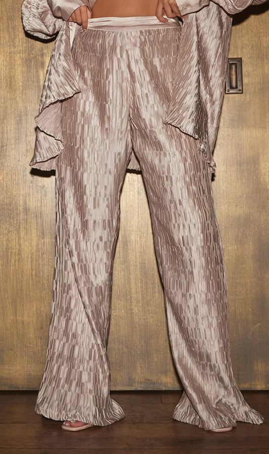 Oatmeal Plisse Wide Leg Trousers