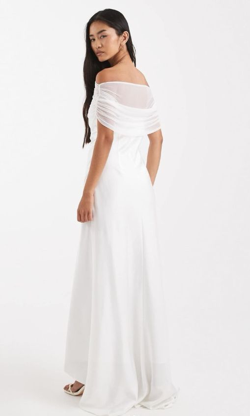 Six Stories - bridal off the shoulder mesh high low hem maxi dress