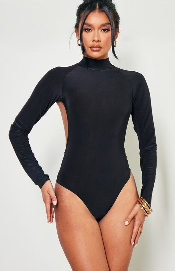 Black Slinky High Neck Open Back Long Sleeve Bodysuit