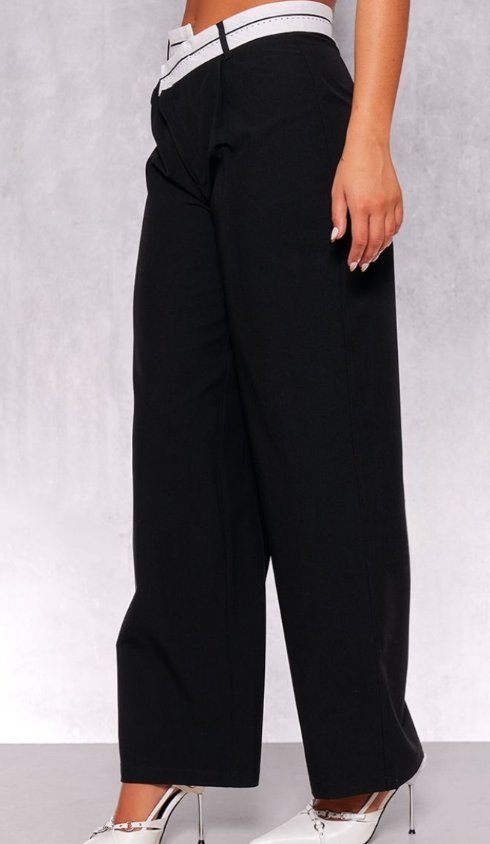 Black Contrast Double Waistband Tailored Straight Leg Trousers