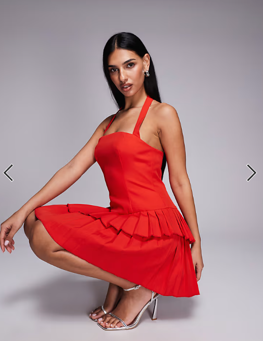Kaiia exclusive tailored halter neck asymmetric ruffle tiered mini dress in red