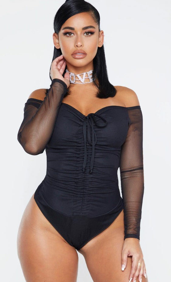 Shape Black Mesh Long Sleeve Ruched Bodysuit