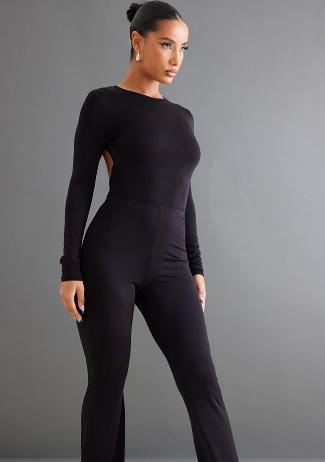 Black Slinky Open Back Long Sleeve Bodysuit