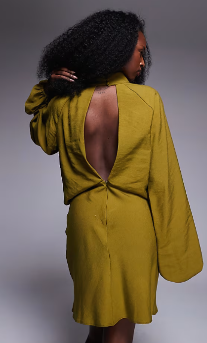 ASOS - DESIGN high neck plunge mini dress with blouson sleeves in khaki