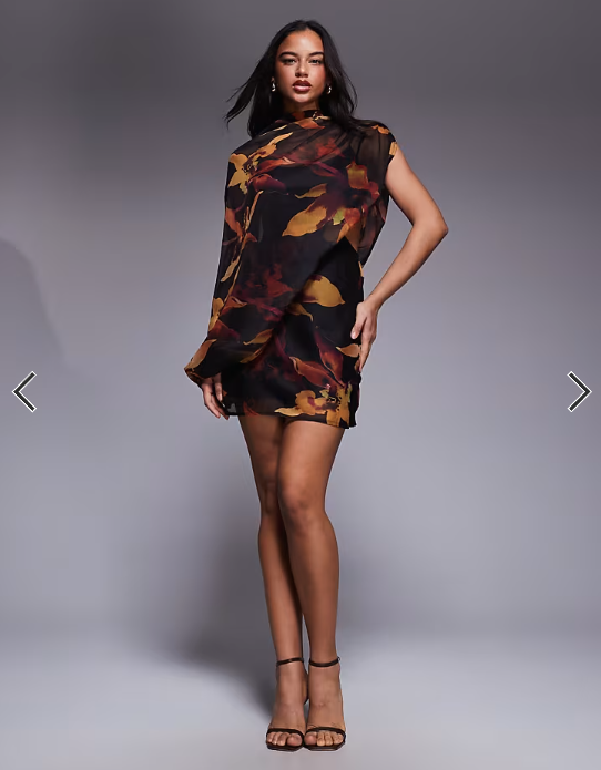 ASOS DESIGN high neck draped asymmetric mini dress with cut out in dark abstract floral