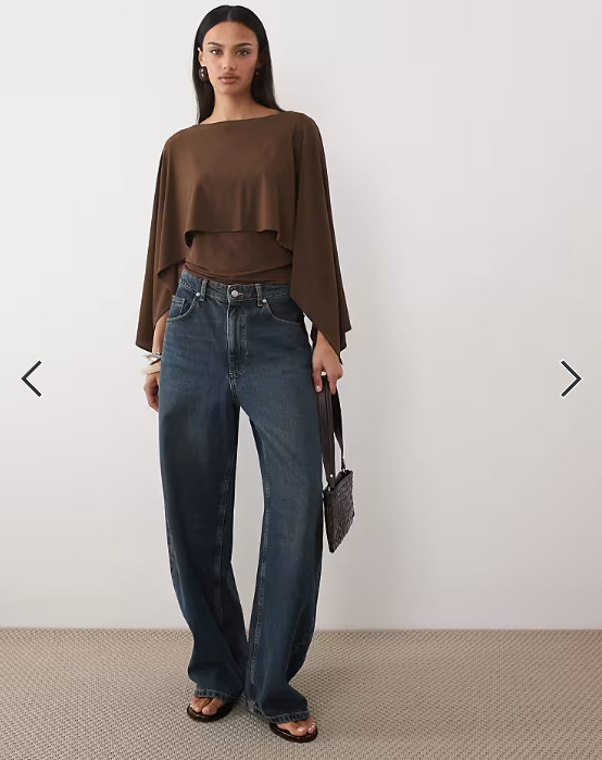 Mango round neck short sleeve top with cape detail in brown