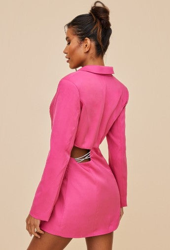 Hot Pink Side Cut Out Diamante Strap Detail Blazer Dress