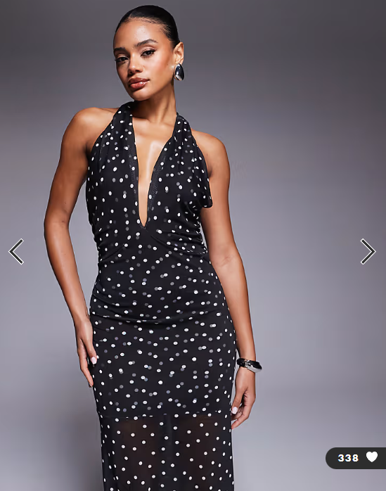 ASOS DESIGN halterneck detail mesh maxi dress with sheer skirt in polka dot print