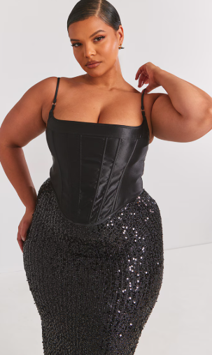 Plus Black Structured Satin Strappy Corset