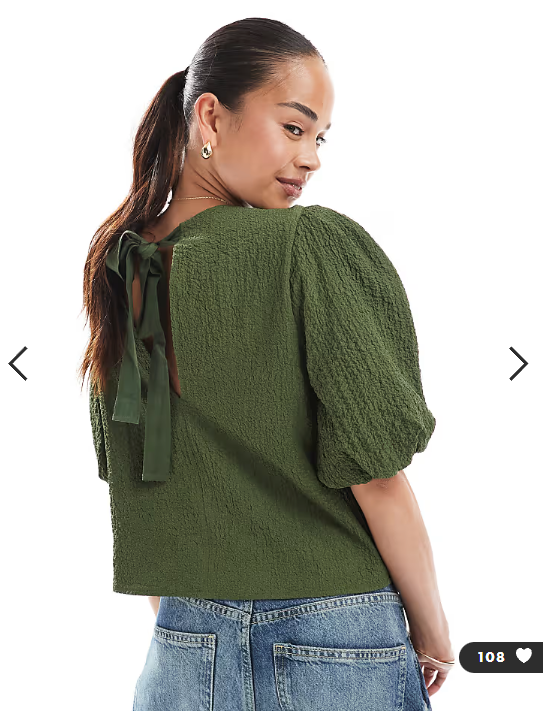 ASOS DESIGN crinkle fabric puff sleeve top in khaki