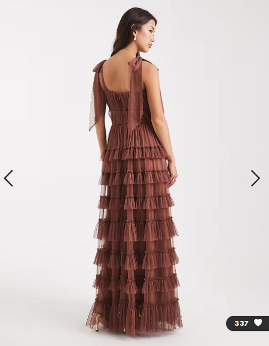 Lace & Beads Ophelia tulle bow shoulder tiered maxi dress in rose brown