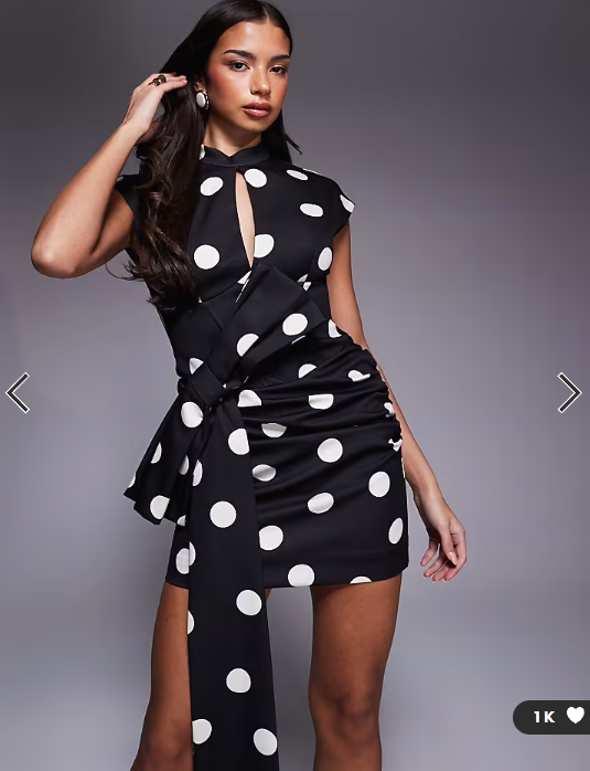 ASOS LUXE polka dot mini dress with oversized bow and drape detail in black