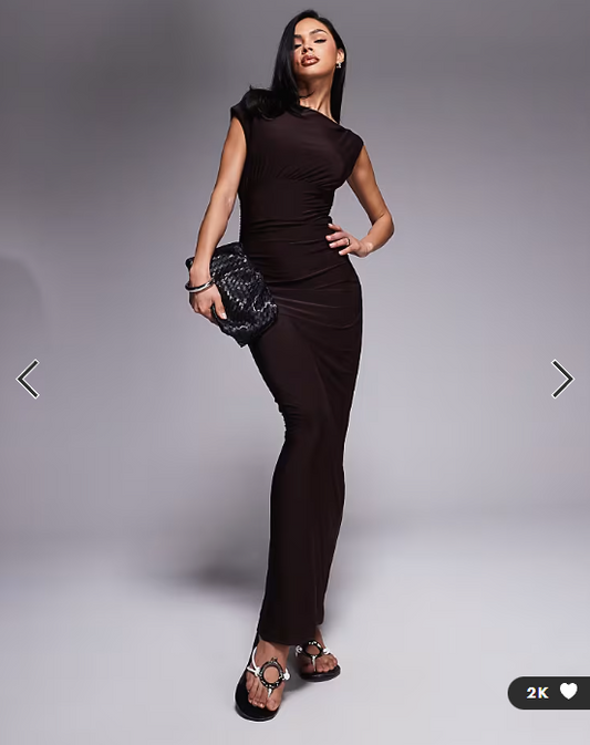 Fashionkilla exclusive double sculpted slinky sleeveless asymmetric neck ruched bodycon maxi dress in chocolate