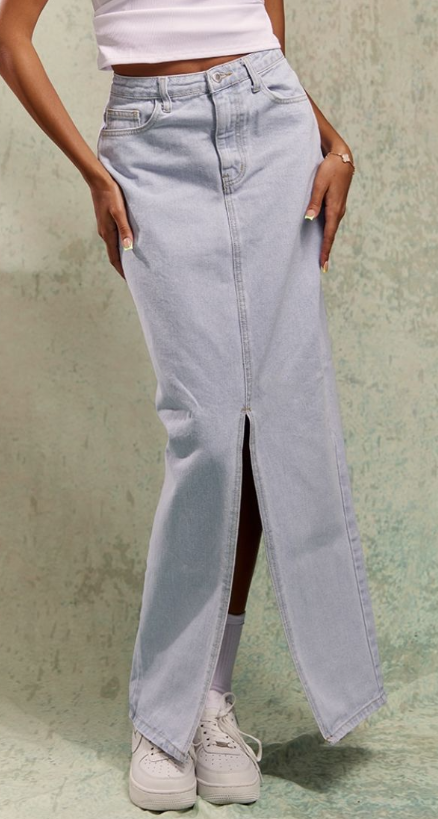 Light Blue Wash Statement Slit Denim Maxi Skirt