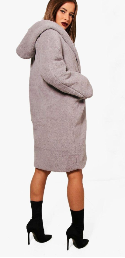 Boohoo Petite Oversized Hooded Teddy Coat - grey