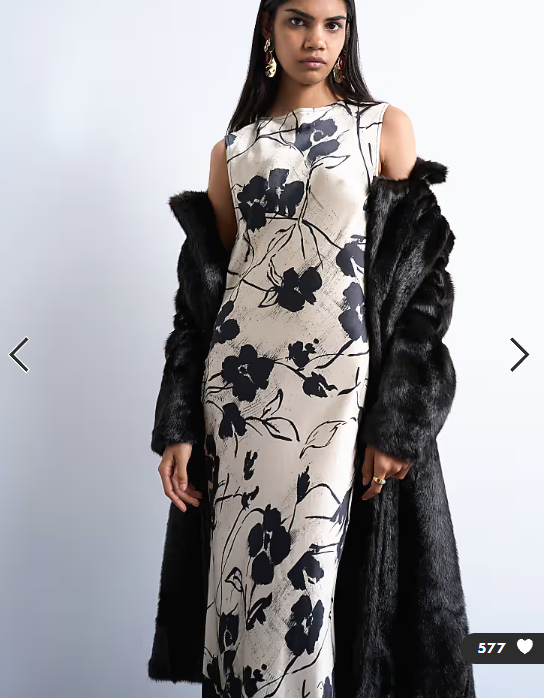 Topshop open back satin midi dress in black white floral