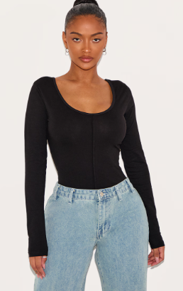 Shape Black Cotton Scoop Neck Seam Bodysuit