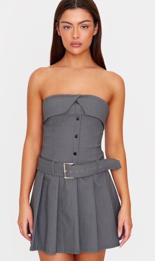 Grey Pinstripe Tailored Bandeau Belt Pleated Shift Dress