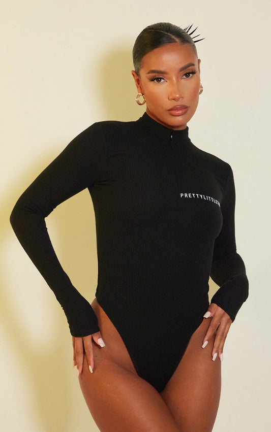 Black Crinkle Rib Half Zip Bodysuit