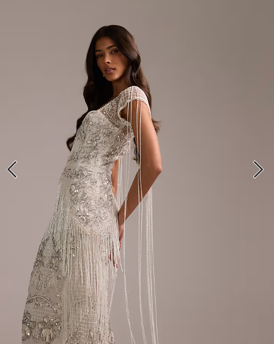ASOS DESIGN fringe embellished square neck maxi wedding dress in ivory