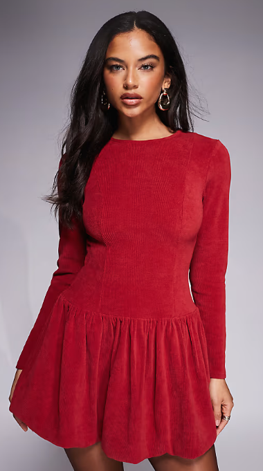 ASOS DESIGN cord dropped waist bubble hem mini in cherry red