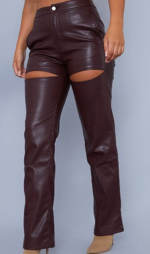 Chocolate Faux Leather Thigh Split Straight Leg Trousers