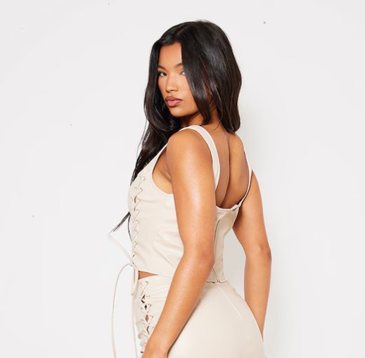 Premium Cream Faux Leather Lace Front Square Neck Corset