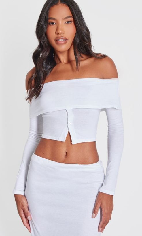 White Foldover Button Detail Off The Shoulder Top