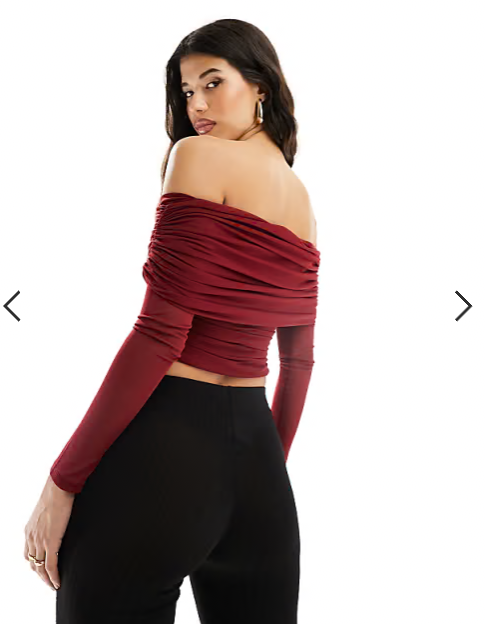 ASOS DESIGN deep bardot mesh long sleeve top in burgundy