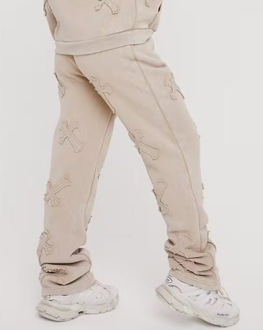 High Waist Cross Patch Detail Oversized Straight Leg Joggers In Acid Wash Stone